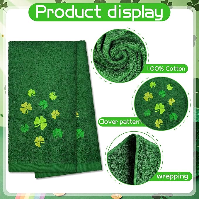 2Pcs Green St. Patrick's Day Hand Towels St Patricks Day Kitchen Towels Cotton Embroidered Irish Shamrock Bathroom Towel Clover for Holiday Spring Decoration