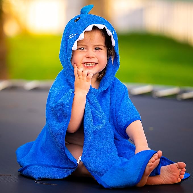 Hudz Kidz Premium Hooded Towel Poncho for Kids & Toddler - 100% Cotton (Blue Shark)