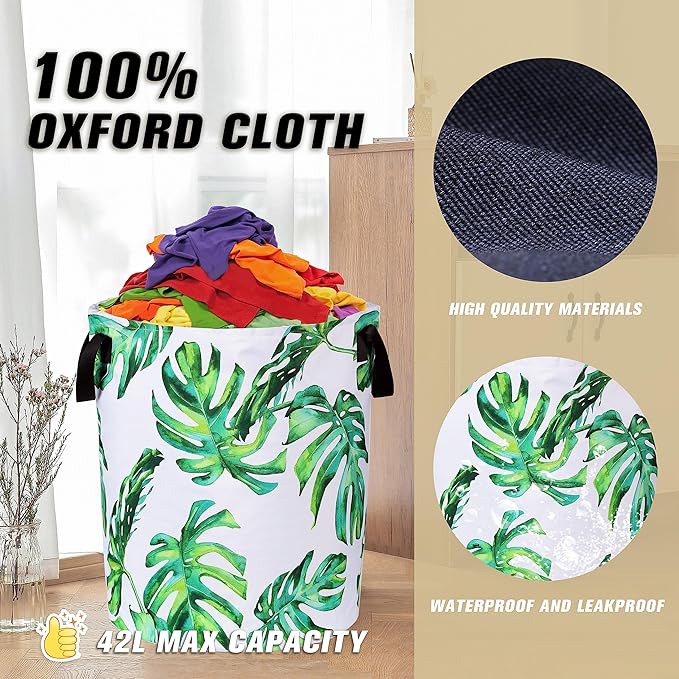 Green Leaf Laundry Basket Hawaiian Palm Tree Foldable Oxford Cloth Funny Tote Bag Laundry Hamper Clothes Storage Bucket Organizer For Bathroom/Laundry Storage/Bedroom 17.7x13.7 Inch