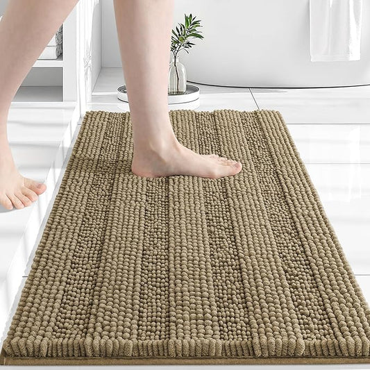 Grandaily Chenille Striped Bathroom Rugs 30x20, Extra Thick and Absorbent Bath Mats, Non-Slip Soft Plush Shaggy Shower Carpet, Machine Wash Dry, Bath Rug for Bathroom, (Medium, Tan)