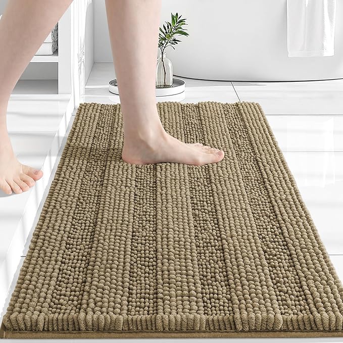 Grandaily Chenille Striped Bathroom Rugs 24x16, Extra Thick and Absorbent Bath Mats, Non-Slip Soft Plush Shaggy Shower Carpet, Machine Wash Dry, Bath Rug for Bathroom, (Small, Tan)