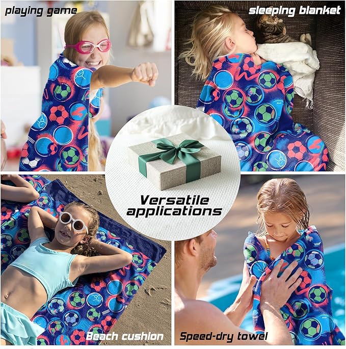 Hooded Towels for Kids -Toddler Beach Towel- Super Absorbent & Quick Dry 100% Cotton 35x60 Inch - to Kid Ages 3-12-Soccer Pattern Design