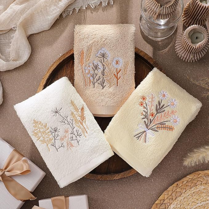 3 Pcs Boho Flowers Hand Towels Farmhouse Floral Brown Wildflowers Bathroom Decor 14x29 Inch Embroidered Boho 100% Cotton Soft Decorative Hand Towels for Bathroom Kitchen