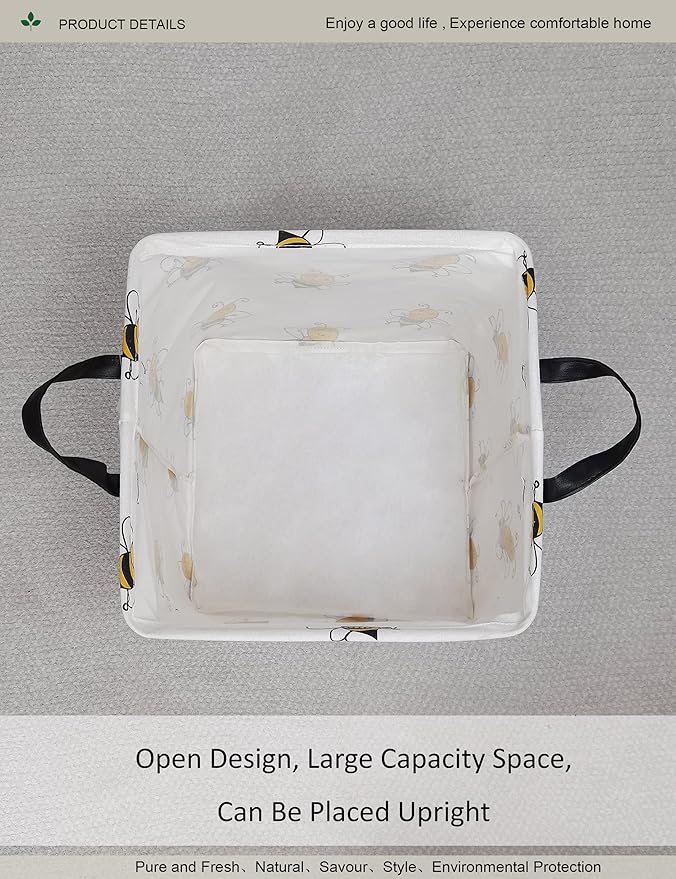 Square Folding Laundry Basket, Canvas Basket,Nersury Hamper,Suitable for Children,Office,Bedroom,Clothes,Toys Storage（Bee