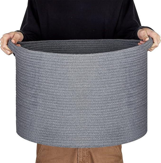 Blanket Basket - 20"x 20"x 13" Cotton Rope Basket for Living Room, Baby Toy Storage Basket, Large Woven Laundry Basket (Gray)