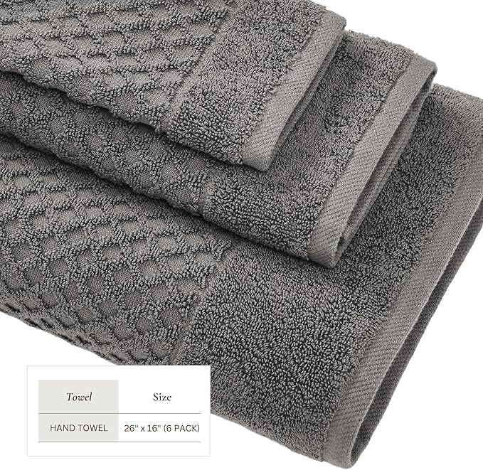 Great Bay Home Hand Towels - 100% Cotton 6 Pack 26x16 Hand Towel Set - Absorbent, Durable, Quick-Dry Towels for Bathroom (Dark Grey)