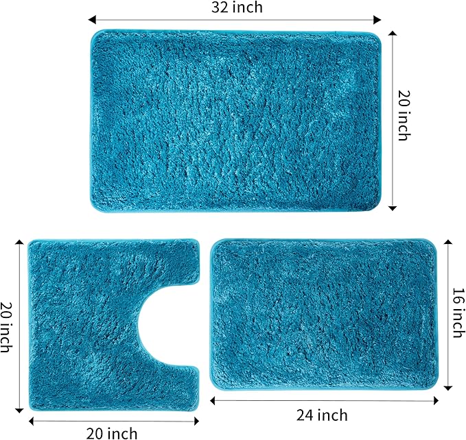 3 Pieces Luxury Bathroom Rug Set with U-Shaped Toilet Rug, Non-Slip Rubber Bottom, Thick Microfiber Fluffy Plush, Water Absorption, Quick Dry, Ultra Soft, Bath Mats for Bathroom, Tub(Turquoise)