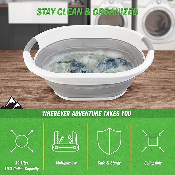Collapsible Laundry Basket - 39L (10.3-Gallon) Portable Sink - Multipurpose Plastic Bin, Hamper, or Ice Bucket - Camping Essentials by Wakeman Outdoors (Gray)