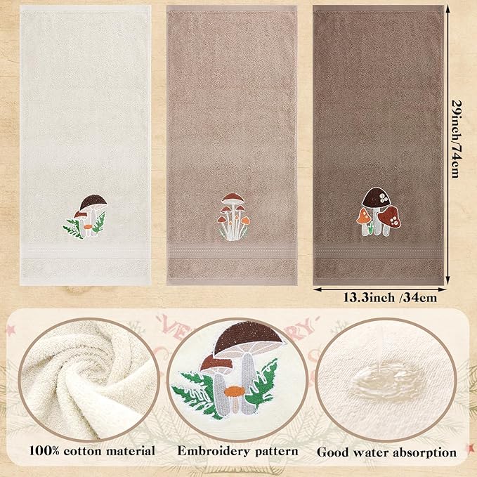 3 Pcs Mushroom Decorative Hand Towels for Bathroom Decor Mushroom Kitchen Towels Set Farmhouse 100% Cotton Embroidered Towel for Bathroom Kitchen 13.3 x 29.5''