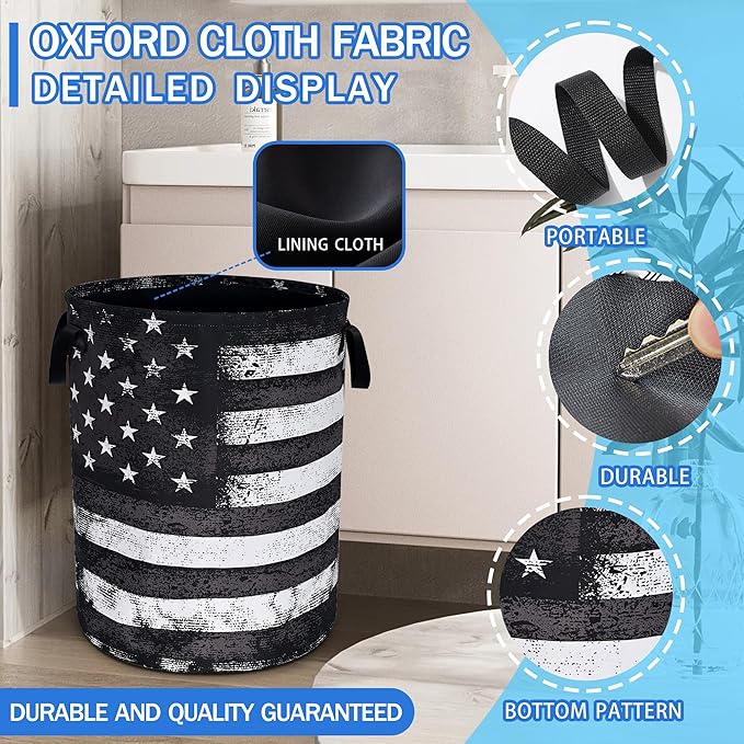 Black White American Flag Laundry Basket Vintage Usa Flag Oxford Cloth Laundry Hamper With Handle Foldable Portable Clothes Storage Basket 18.9 X 16.5 In Storage Bag For Laundry Room/Bathroom/Bedroom