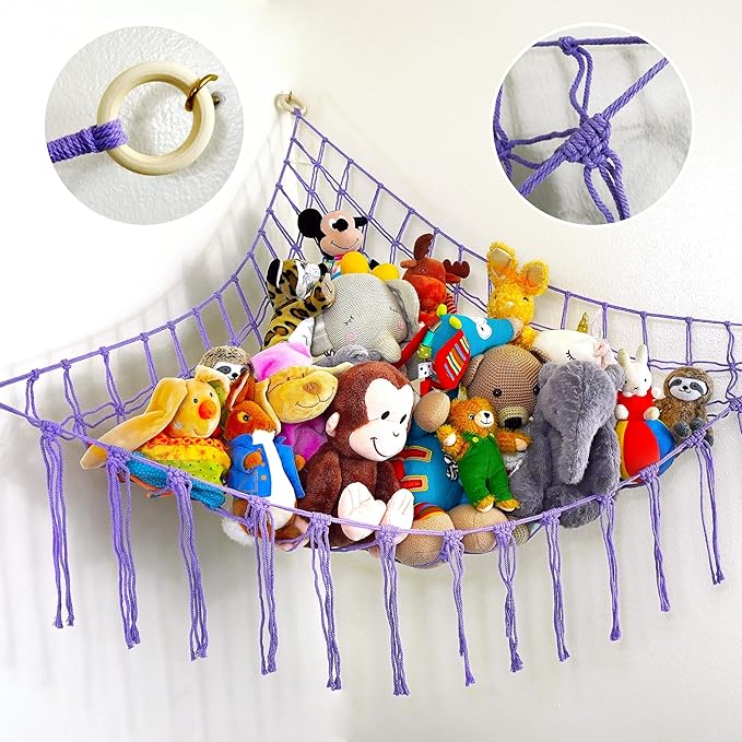 Large Stuffed Animal Hammock Corner - Stuffed Animal Storage - 100% Natural Cotton Macrame Stuffed Animal Net - Stuff Animal Organizer - Net For Stuffed Animals Corner Large - Purple