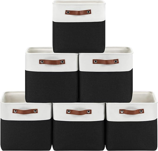 6-Pack Foldable Fabric Storage Cubes 11x11 Inch, Sturdy Cube Organizer Bins with Leather Handles, Storage Baskets for Closet Shelves and Home Organization(White/Black)