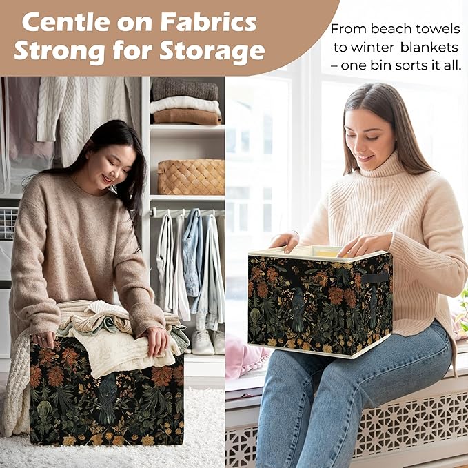 Vintage Gothic Crow Floral Storage Bin Box with Handles, Dark Academia Cottagecore Flower Botanical Foldable Linen Fabric Laundry Basket for Home Bedroom Bathroom Clothes Toys Books