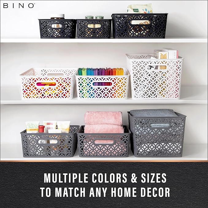 BINO l Plastic Storage Baskets, Large - White | THE BLOSSOM COLLECTION l Multi-Use Organizer Bin l Built-in Handles l Plastic Woven Basket for Organizing l Pantry & Home Organizing Basket