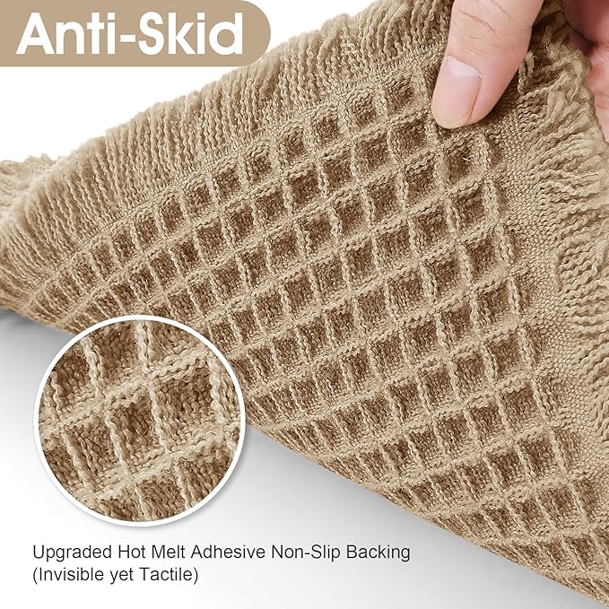 Accumtek Extra Large Waffle Bath Mat, 5'x2' Beige, Super Absorbent Non-Slip Quick Dry Bathroom Rugs with Tassels, Machine Washable Ultra Soft Boho Bath Rugs for Floor, Toilet Mats Boho Farmhouse Decor