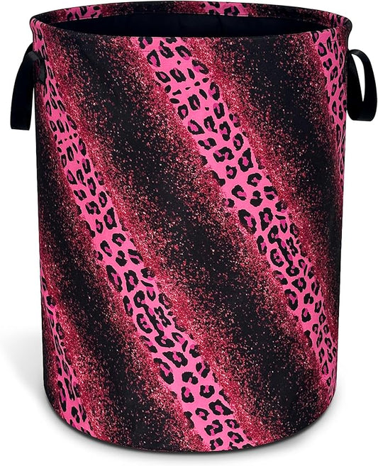 Pink Leopard Print Laundry Basket Cheetah Oxford Cloth Laundry Hamper With Handle Foldable Portable Clothes Storage Basket 18.9 X 16.5 Inch Storage Bag For Laundry Room/Bathroom/Bedroom/Dormitories