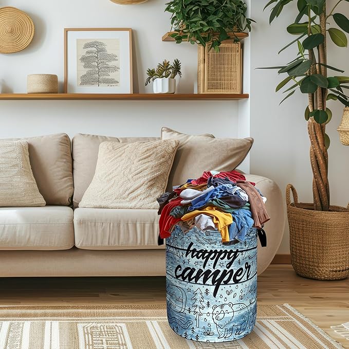 Retro Camping Printed Laundry Basket Foldable Bears Funny Laundry Hamper With Handle Oxford Cloth Portable Clothes Storage Basket Laundry Bag 18.9"x16.5" For Laundry Room/Bedroom/Bathrooms