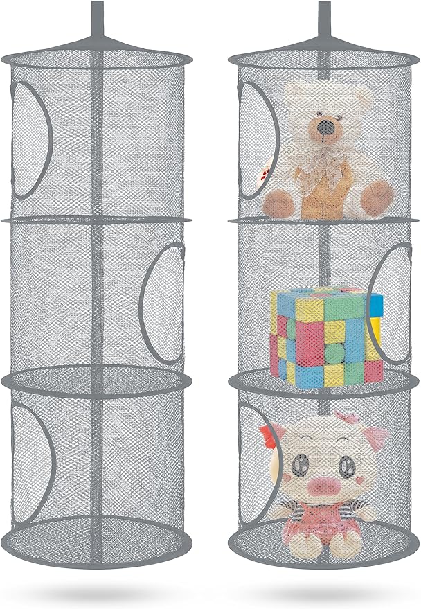 coastal rose 2Pcs Stuffed Animal Storage Foldable Stuffed Animal Net or Hammock Organizer, 3 Compartments Hanging Mesh Toy Storage Hammock for Kid Room Toys, Gloves, Hats, Socks（Grey）