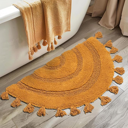 Half Circle Boho Bathroom Rugs with Tassels for Bedroom 100% Cotton Hand-Woven Bath Rugs Non Slip Absorbent Crochet Rugs Machine Washable Boho Bath Mats for Bathroom Floor, Tub and Shower