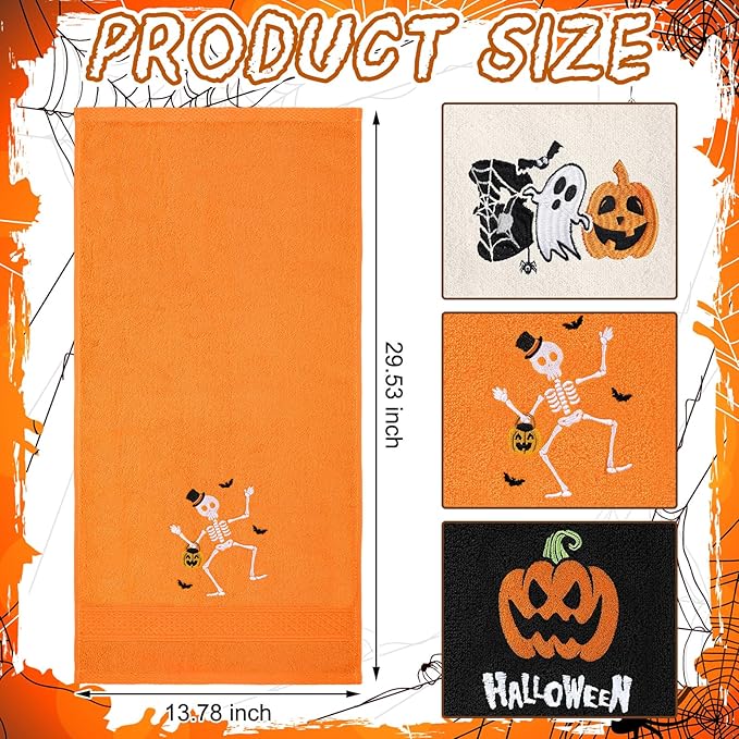 3 Pcs Halloween Hand Towels for Bathroom Embroidered Pumpkin Ghost Skull Bathroom Towel Farmhouse Decorative 13.78 x 29.53 Inch Absorbent Soft Cotton for Kitchen Dish Fast Drying Decor