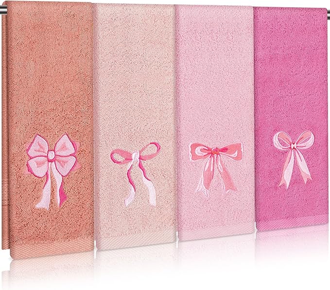 4 PCS Pink Bow Hand Towels Set 29" x 13" Coquette Bow Embroidered Decorative Towel Absorbent Kitchen Bath Preppy Decor for Hand Drying Bridal Shower Wedding Gift