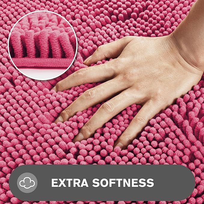 Hot Pink Bathroom Rugs Sets 2 Piece – Absorbent and Washable Bath Mat, Non-Slip, Thick Soft Chenille Bath Rugs for Bathroom Floor, Shower, Sink - 17" x 24"+20" x 32"
