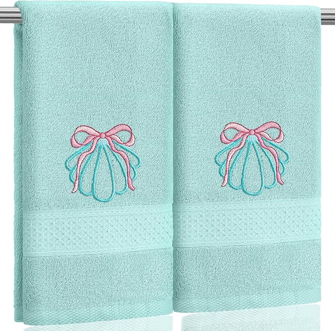 2 Pcs Shell Hand Towels Mint Blue Bathroom Decor 14x29 Inch Embroidered 100% Cotton Soft Absorbent Beach Summer Decorative Hand Towels for Bathroom Kitchen