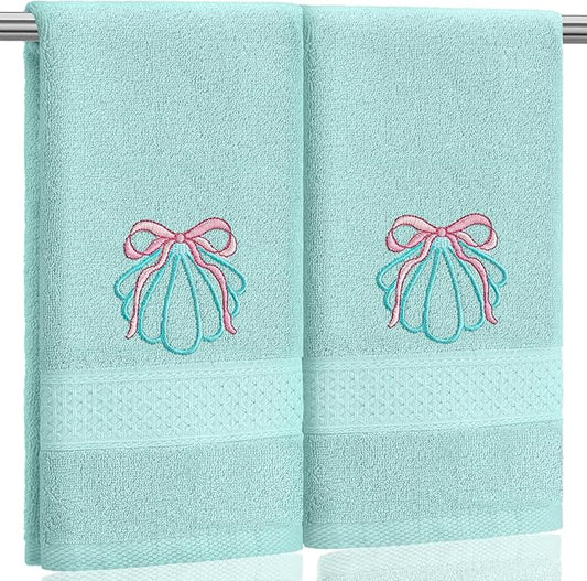 2 Pcs Shell Hand Towels Mint Blue Bathroom Decor 14x29 Inch Embroidered 100% Cotton Soft Absorbent Beach Summer Decorative Hand Towels for Bathroom Kitchen