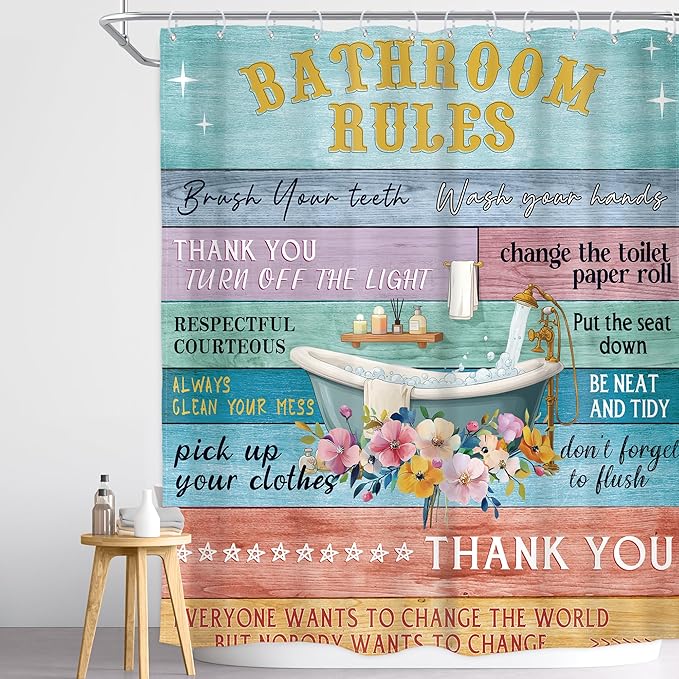Homewelle Funny Bathroom Rules Shower Curtain Rustic Wooden Floral Farmhouse Inspirational Motivational Words Country Plank Cute 60Wx72H Inch Vintage Board Waterproof Polyester Fabric Bathroom Bathtub