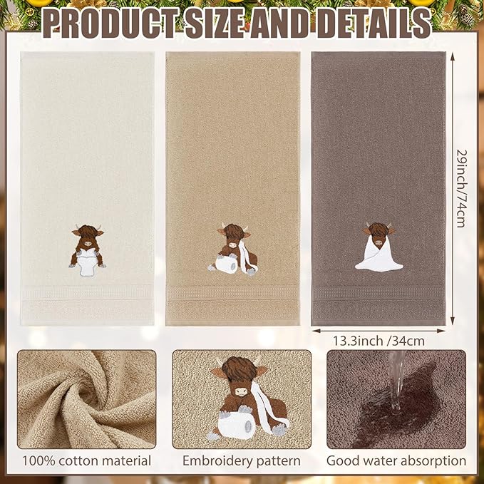 3 Pcs Highland Cow Hand Towels Embroidered Cow Farmhouse Decorative Bath Towels for Bathroom Kitchen Decor Country Farm Highland Holiday Housewarming Gifts, 100% Cotton, 13.3 x 29.5''