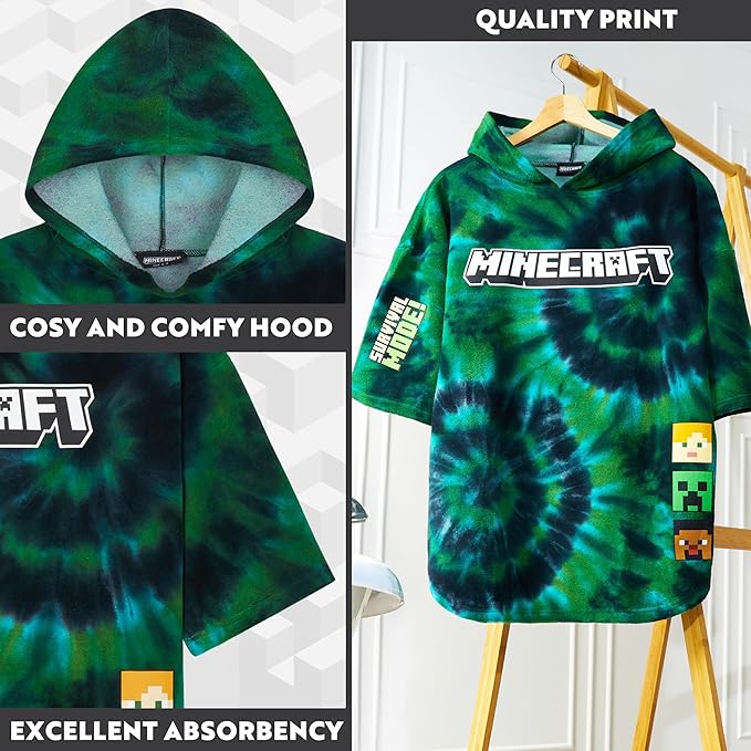 Minecraft Towelling Poncho Kids Teens Hooded Bath Towels Absorbent Beach Towel (Multi Tie Dye, 6-9 Years)