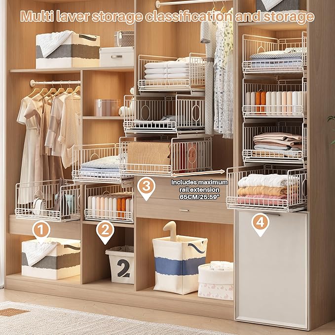 4-Pack Metal Drawer Organizer for Closet with Sliding Rail, Metal Bbasket Storage Drawers for Wardrobe, Stackable Wire Bins for Clothing and Accessories-White