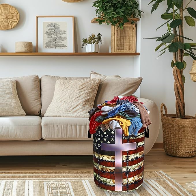 American Flag Cross Laundry Basket Foldable Christian Laundry Hamper With Handle Oxford Cloth Portable Clothes Storage Basket Laundry Bag 18.9"x16.5" For Laundry Room/Bedroom/Bathrooms
