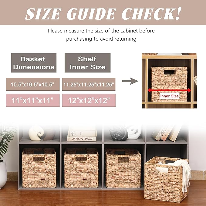 11x11x11in Water Hyacinth Storage Baskets, 11 Inch Cube Storage Bins, Woven Baskets for Storage, Wicker Storage Basket for Shelves Set of 3