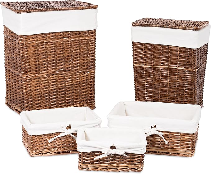 BirdRock Home Woven Willow Baskets with Liner | Set of 5 | Rectangular Hampers and Storage Bins with Lids | Decorative Wooden Wicker Baskets | Organizer | Natural (Brown)