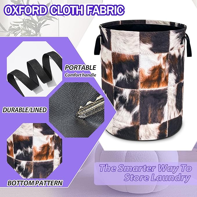 Cows Print Laundry Basket Brown Black Cowhide Oxford Cloth Laundry Hamper Funny With Handle Foldable Portable Clothes Storage Basket 18.9 X 16.5 Inch Storage Bag For Laundry Room/Bathroom/Bedroom