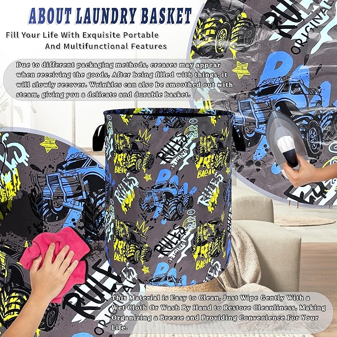 Funny Cars Pattern Laundry Basket Foldable Cartoon Colorful Laundry Hamper With Handle Oxford Cloth Portable Clothes Storage Basket Laundry Bag 18.9"x16.5" For Laundry Room/Bedroom/Bathrooms