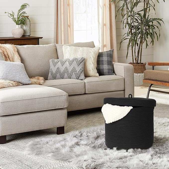 Storage Basket with Lid, 15” x 13” Lidded Blanket Basket Living Room, Black Woven Baskets for Storage, Nursery Kids Cotton Rope Toy Bin Box with Cover, Wicker Laundry Basket Pillow Holder