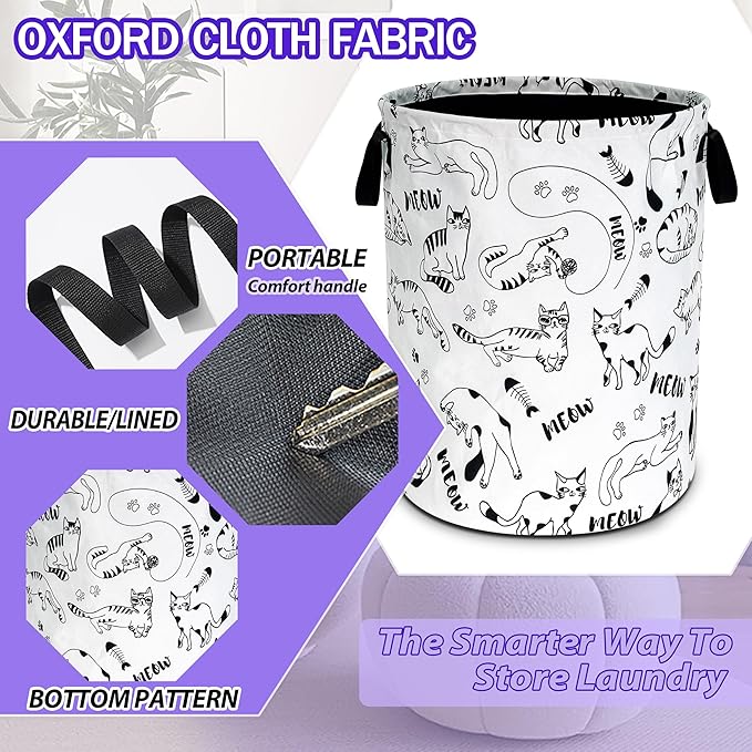 Cute Cat Laundry Basket Oxford Cloth Meow Pet Laundry Hamper Funny With Handle Foldable Portable Clothes Storage Basket 18.9 X 16.5 Inch Storage Bag For Laundry Room/Bathroom/Bedroom/Dormitories
