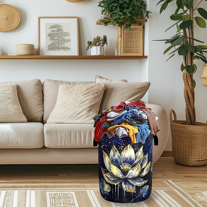 Lotus Flower Laundry Basket Foldable Watercolor Lotus Leaf Laundry Hamper With Handle Oxford Cloth Portable Clothes Storage Basket Laundry Bag 18.9"x16.5" For Laundry Room/Bedroom/Bathrooms