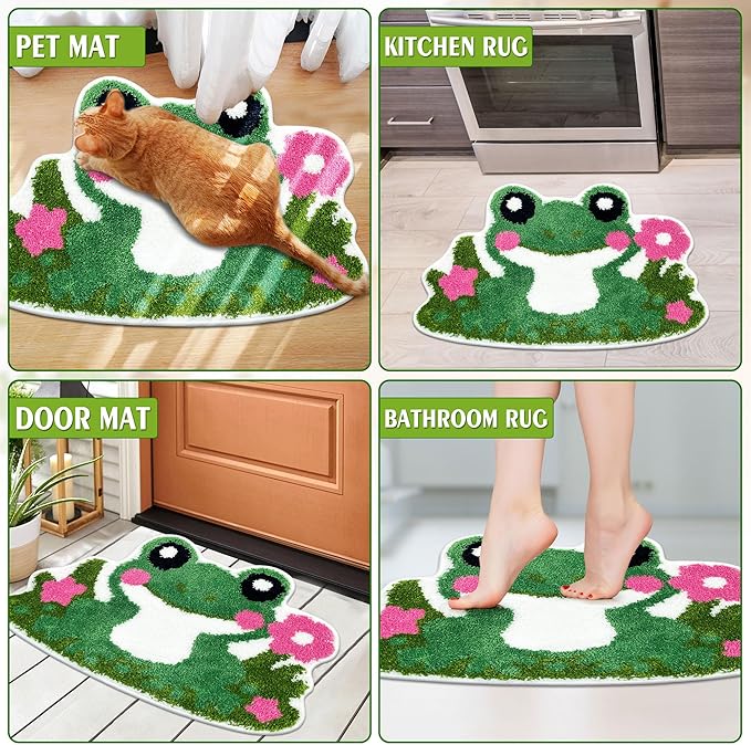 Hexagram Cute Frog Small Bath Mat 16×24 Inch, Frog Decor for Home Gift, Cute Bathroom Rugs, Green Pink Non Slip Soft Washable Irregular Animal Shaped Rug for Tub, Bathtub, Shower Room, Bedroom, Door