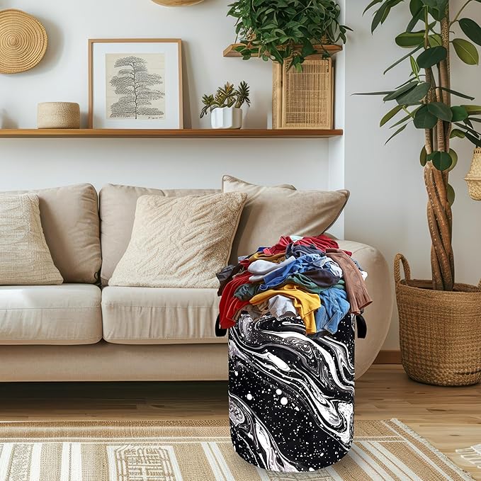 Black White Marble Laundry Basket Foldable Beautiful Pattern Laundry Hamper With Handle Oxford Cloth Portable Clothes Storage Basket Laundry Bag 18.9"x16.5" For Laundry Room/Bedroom/Bathrooms