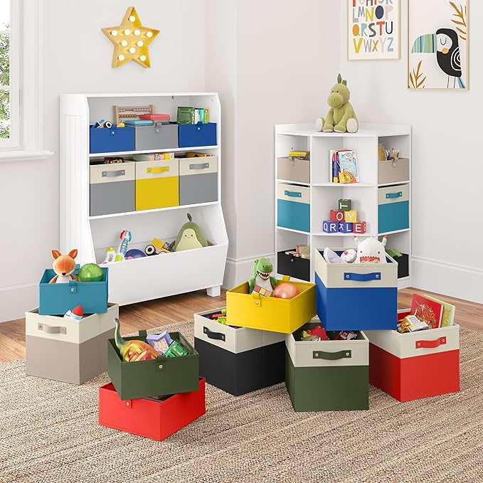 RiverRidge Kids 2pc Folding Storage Bins Set - 10.5” Bin Organizers with Handles - Red Closet Organizers and Storage for Toys, Games, Shoes - Foldable Cube Storage Organizer Bins for Playroom, Nursery