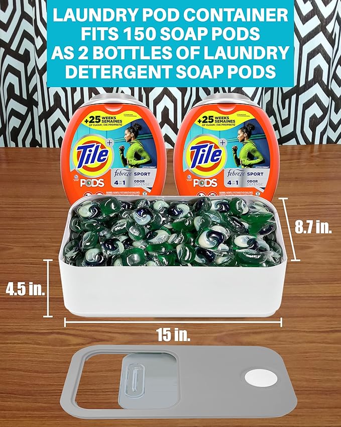 Skywin Large Laundry Pods Container with Slide Lid, 2 Pack Laundry Pod Holder 15 x 8.7 x 4.5 In, Holds 11 lbs OR 120-150 Pods, Laundry Pod Container, Dishwasher Pods Container (Grey)