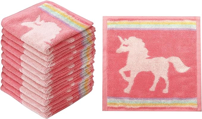 ORIGINAL KIDS Magical Unicorn Washcloths - 12 Pack 100% Cotton Terry Jacquard Wash Cloths - 630 GSM Plush Super Soft Absorbent Gentle Baby Face Towel - Bath Time Travel Daycare - 12 x 12 - Pink Multi