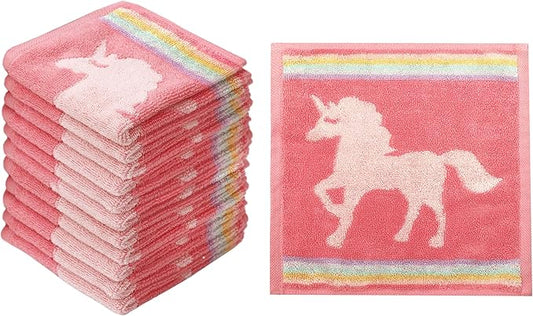 ORIGINAL KIDS Magical Unicorn Washcloths - 12 Pack 100% Cotton Terry Jacquard Wash Cloths - 630 GSM Plush Super Soft Absorbent Gentle Baby Face Towel - Bath Time Travel Daycare - 12 x 12 - Pink Multi