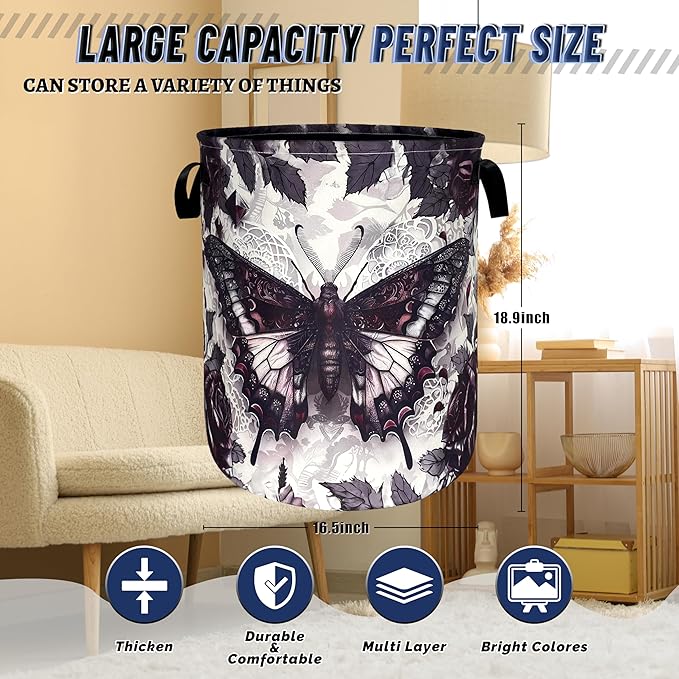 Purple Butterfly and Rose Flowers Laundry Basket Foldable Colorful Laundry Hamper With Handle Oxford Cloth Portable Clothes Storage Basket Laundry Bag 18.9"x16.5" For Laundry Room/Bedroom/Bathrooms