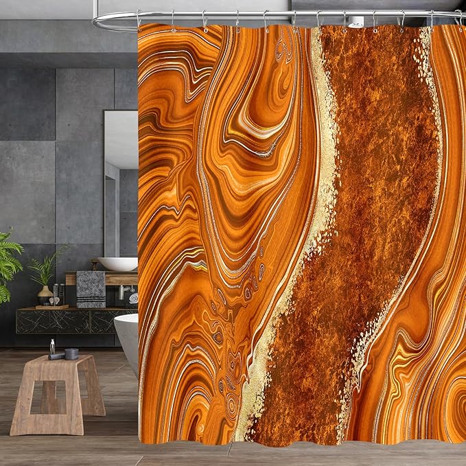 4PCS Orange Marble Bathroom Sets with Shower Curtain and Rugs, Abstract Gold Shower Curtain Sets with Rugs for Bathroom, Modern Bathroom Curtains Shower Set with Toilet Lid Cover Accessories