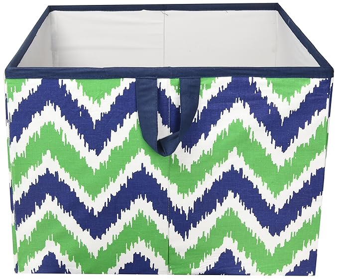 Bacati - Large Storage Tote Mix N Match Ikat Chevron/Dots Navy/Green 14 x 14 x 10 inches