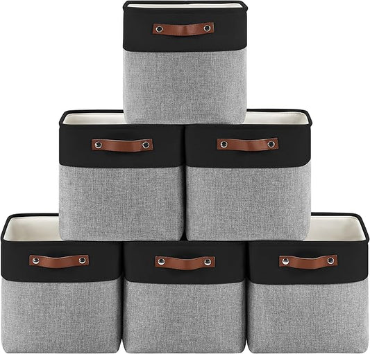 6-Pack Foldable Fabric Storage Cubes 11x11 Inch, Sturdy Cube Organizer Bins with Leather Handles, Storage Baskets for Closet Shelves and Home Organization(Black/Gray)